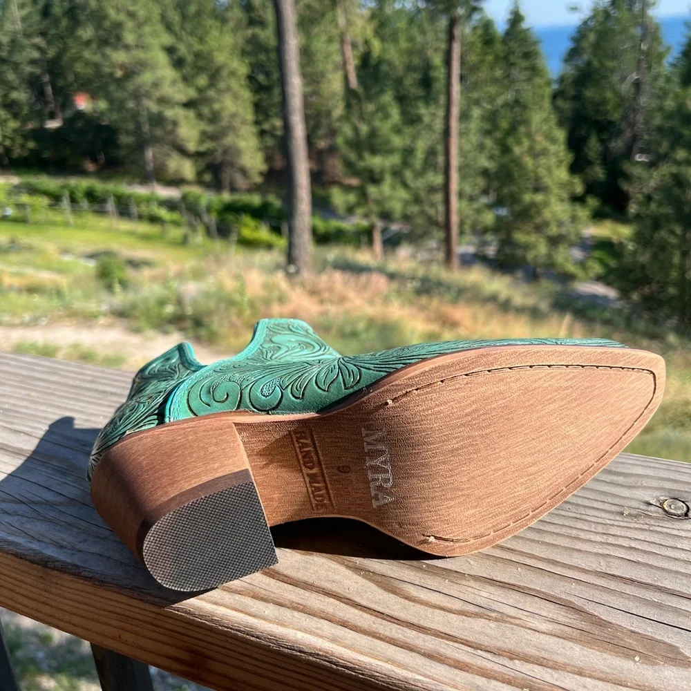 🔥Hand Tooled Genuine Leather Women Bootie Boot Boho Western Shoe Teal Turquoise - Picture 11 of 11